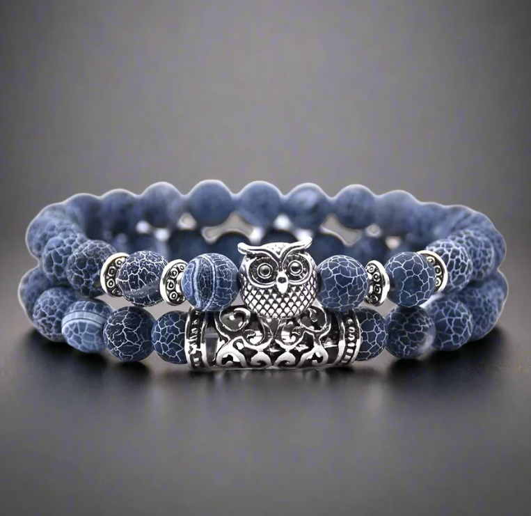 Handcrafted Natural Stone Bead Bracelet with Owl Design