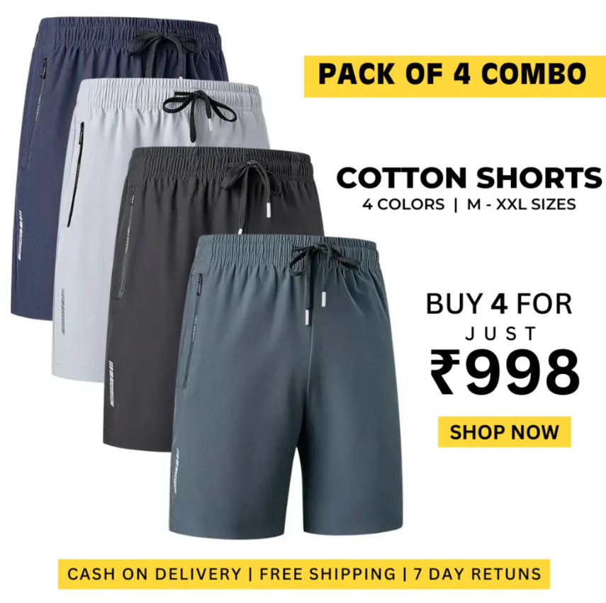 Combo of 4 Men's Stretchable Cotton Shorts for Summers