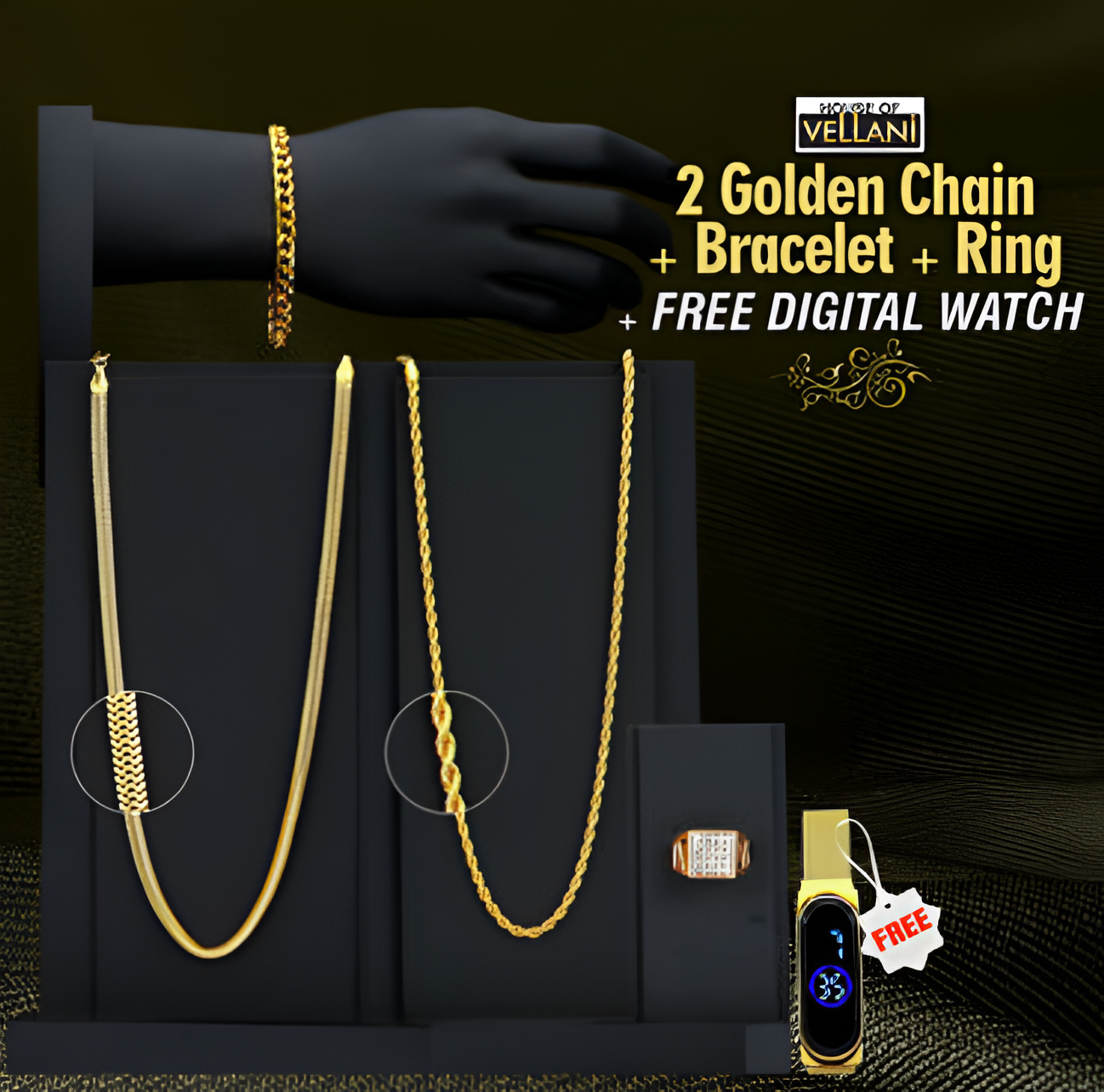 Combo of 2 Chain + 1 Bracelet + 2 Ring with 1 Free Digital Watch